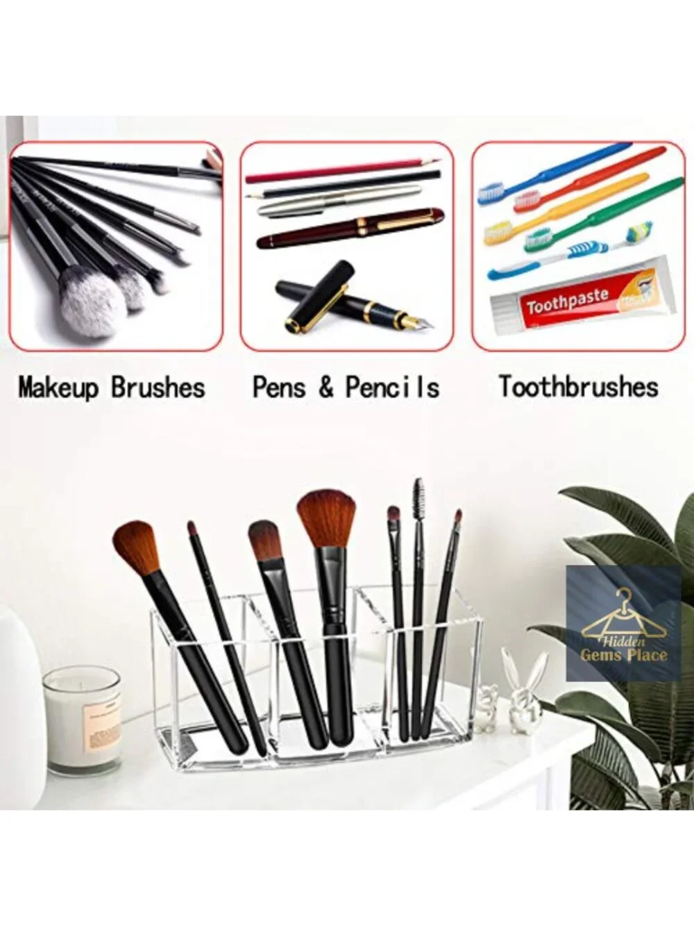 Acrylic Makeup Brush Organizer Holder Clear Cosmetic Brushes Storage 3 Slots